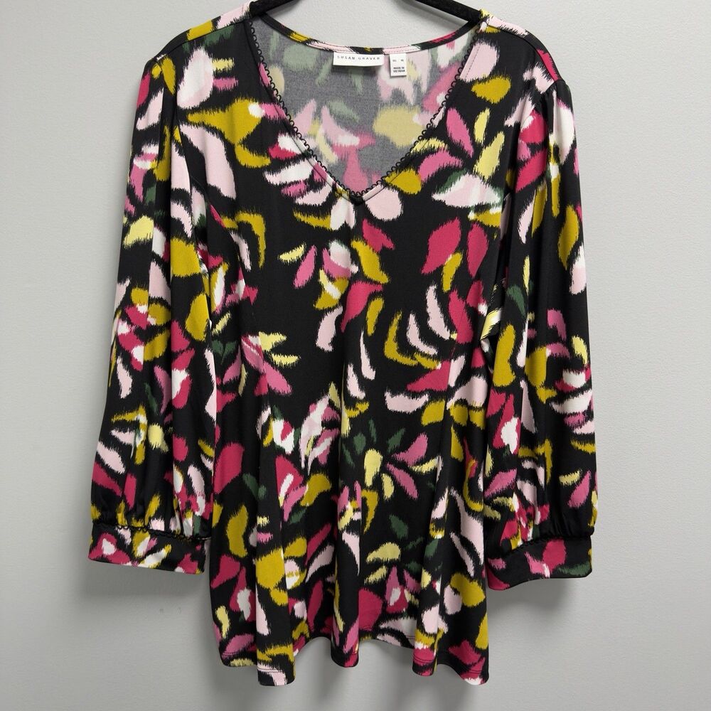 Susan Graver XL Floral Tunic Top Liquid Knit Blouse Black Pink Yellow 3/4 Sleeve